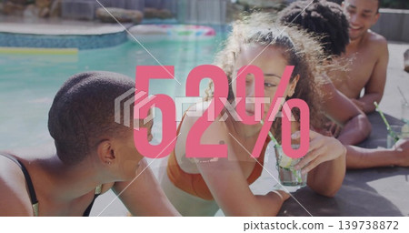 Chatting four in swimwear leaning on backyard pool edge, holding glass with straw, pink 52% overlay Chatting four in swimwear leaning on backyard pool edge, holding glass with straw, pink 52% overlay 139738872