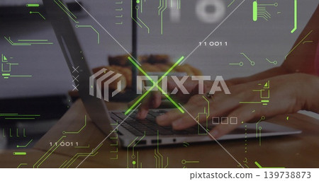 Typing hands pressing keys on clamshell laptop in home kitchen, with ring, pastries, green HUD Typing hands pressing keys on clamshell laptop in home kitchen, with ring, pastries, green HUD 139738873