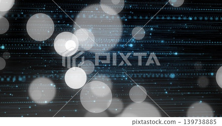 Glowing soft pale bokeh circles drifting across dark digital display with dotted blue data lines Glowing soft pale bokeh circles drifting across dark digital display with dotted blue data lines 139738885