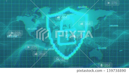 Displaying neon cyan shield with padlock overlaying dotted world map, showing floating UI tags Displaying neon cyan shield with padlock overlaying dotted world map, showing floating UI tags 139738890