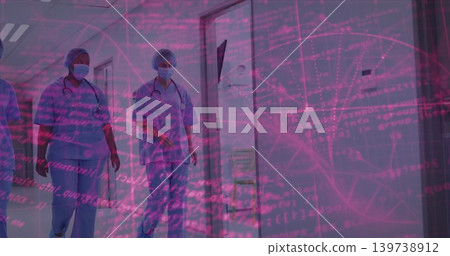 Walking three female nurses in scrubs masks and stethoscope down ward corridor showing data overlay Walking three female nurses in scrubs masks and stethoscope down ward corridor showing data overlay 139738912