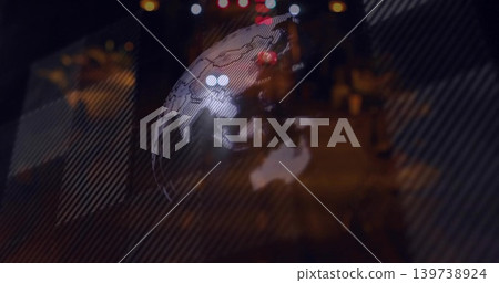 Hovering translucent globe projection over urban night street, showing continent outlines and bokeh Hovering translucent globe projection over urban night street, showing continent outlines and bokeh 139738924