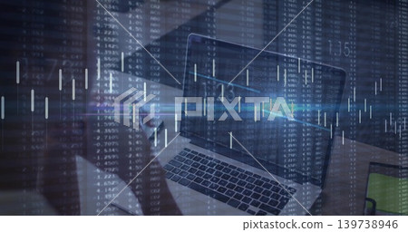Showing laptop keys, screen at office desk, left figure wearing dark top holding phone, market data Showing laptop keys, screen at office desk, left figure wearing dark top holding phone, market data 139738946