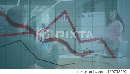 Presenting woman in pink top guiding team at whiteboard in meeting room, laptop, red trend overlay Presenting woman in pink top guiding team at whiteboard in meeting room, laptop, red trend overlay 139738992