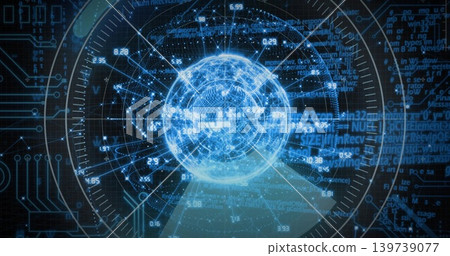 Rotating glowing blue holographic sphere centered within cyber interface, with HUD rings and nodes Rotating glowing blue holographic sphere centered within cyber interface, with HUD rings and nodes 139739077