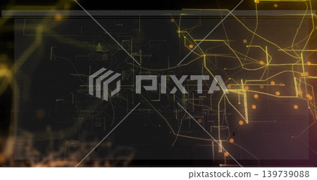 Showing digital panel featuring gold network and orange nodes on dark canvas, with grid codes Showing digital panel featuring gold network and orange nodes on dark canvas, with grid codes 139739088