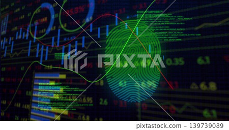 Showing biometric fingerprint overlaying trading screen with candlesticks, trend lines, code 139739089