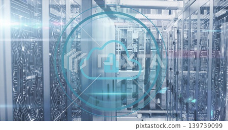Displaying blue cloud security overlay with padlock hovering over datacenter aisle, with racks Displaying blue cloud security overlay with padlock hovering over datacenter aisle, with racks 139739099