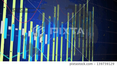 Displaying data visuals occupying center of blue screen, with vertical bar chart, candles and lines Displaying data visuals occupying center of blue screen, with vertical bar chart, candles and lines 139739129