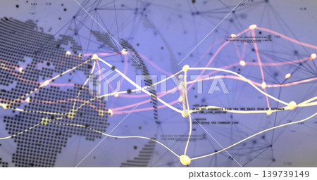 Showing virtual global network projecting glowing nodes with curved lines, halftone map and code 139739149