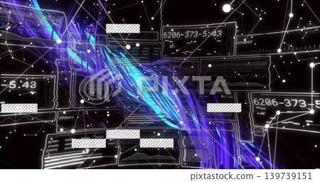 Flowing luminous braided data stream sweeping virtual cyberspace, with UI panels, readouts, nodes Flowing luminous braided data stream sweeping virtual cyberspace, with UI panels, readouts, nodes 139739151