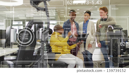 Reviewing coworker in yellow sweater leaning at desk viewing AR overlays laptop tablet suitcase Reviewing coworker in yellow sweater leaning at desk viewing AR overlays laptop tablet suitcase 139739152