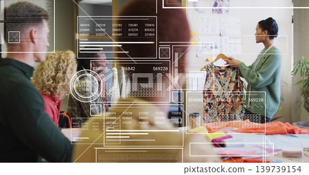 Presenting woman in green cardigan holding patterned dress in studio with AR overlay, copy space Presenting woman in green cardigan holding patterned dress in studio with AR overlay, copy space 139739154