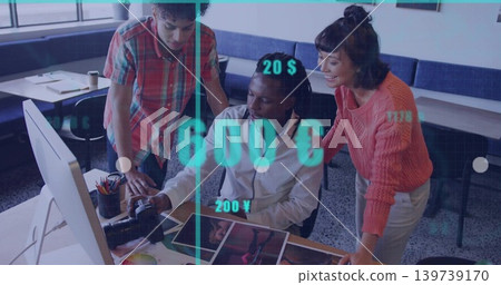 Editing seated man checking proofs at studio desk with DSLR and HUD, plaid-shirt and coral-sweater 139739170