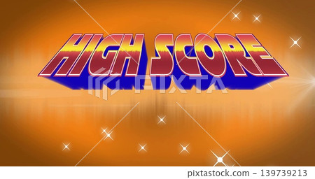 Floating retro HIGH SCORE text glowing on arcade background, with blue shadow sheen stars flare Floating retro HIGH SCORE text glowing on arcade background, with blue shadow sheen stars flare 139739213