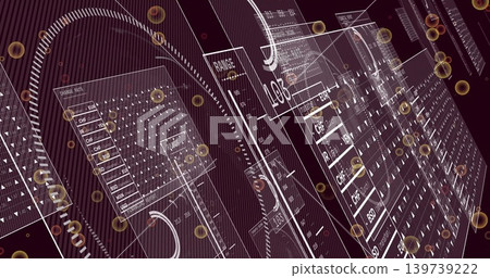 Displaying translucent data panels and HUD in 3D dashboard, showing grid matrices and gold spheres 139739222