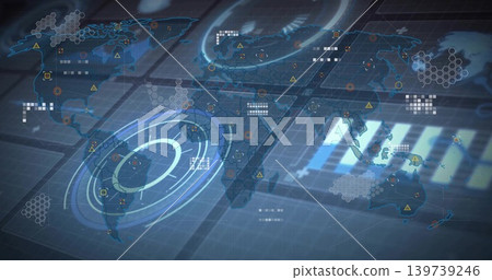 Displaying hologram world map and HUD over grid, showing concentric rings, hex tiles, warning icons 139739246