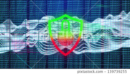 Displaying center shield emblem with gradient, lock and fingerprint over tiled grid wave and code Displaying center shield emblem with gradient, lock and fingerprint over tiled grid wave and code 139739255