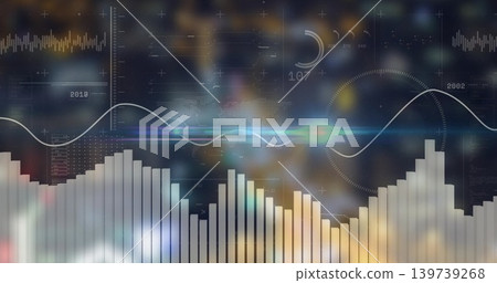 Displaying data HUD over blurred night city, showing bar chart, sine line, gauge, map Displaying data HUD over blurred night city, showing bar chart, sine line, gauge, map 139739268