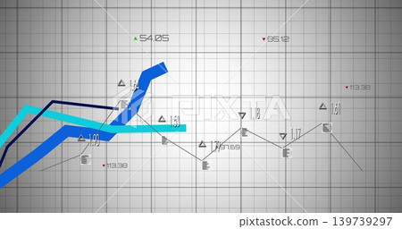 Showing chart centered gray grid with ticks, three blue lines, dark line with triangles and numbers Showing chart centered gray grid with ticks, three blue lines, dark line with triangles and numbers 139739297