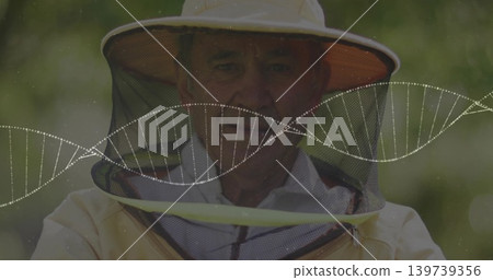Wearing beekeeping hat with mesh veil senior beekeeper posing at garden, yellow jacket, DNA overlay Wearing beekeeping hat with mesh veil senior beekeeper posing at garden, yellow jacket, DNA overlay 139739356