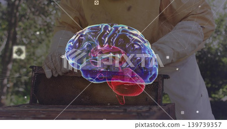 Beekeeper in beige suit with gloves handling honeycomb frame at apiary with floating brain hologram Beekeeper in beige suit with gloves handling honeycomb frame at apiary with floating brain hologram 139739357