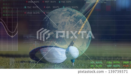 Resting golf ball on blue tee at driving range, driver head aligning, with globe, financial charts Resting golf ball on blue tee at driving range, driver head aligning, with globe, financial charts 139739371