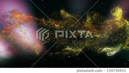 Flowing golden particle stream waving across dark starfield, showing orange clusters, pink glow 139739431