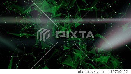 Floating green polygonal network forming depth in dark void with glowing nodes, thin lines, specks Floating green polygonal network forming depth in dark void with glowing nodes, thin lines, specks 139739432