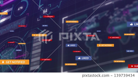 Showing analytics UI panels on dark dashboard, featuring gauge, waveform, map, GET NOTIFIED, LIKED Showing analytics UI panels on dark dashboard, featuring gauge, waveform, map, GET NOTIFIED, LIKED 139739434