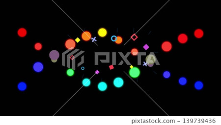Forming centered band of glowing multicolor disks, rings, squares, diamonds, crosses on black field Forming centered band of glowing multicolor disks, rings, squares, diamonds, crosses on black field 139739436