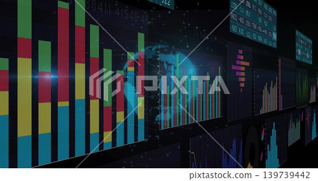 Displaying central cluster of charts and hologram in analytics room, with stacked bar charts Displaying central cluster of charts and hologram in analytics room, with stacked bar charts 139739442