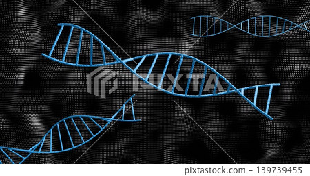 Showing large cyan DNA helix crossing diagonal in digital art with dot mesh, corner helices shadows Showing large cyan DNA helix crossing diagonal in digital art with dot mesh, corner helices shadows 139739455