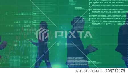 Walking silhouetted professionals in suits moving through office, holding phones amid green charts Walking silhouetted professionals in suits moving through office, holding phones amid green charts 139739479