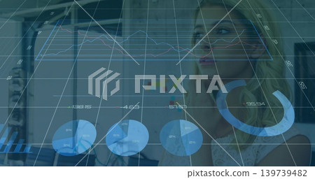 Studying woman in sleeveless top resting chin, viewing finance at office, sticky notes, copy space Studying woman in sleeveless top resting chin, viewing finance at office, sticky notes, copy space 139739482