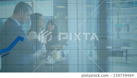 Talking 3 colleagues in suits holding coffee and snacks at reception with laptop and chart overlay Talking 3 colleagues in suits holding coffee and snacks at reception with laptop and chart overlay 139739484