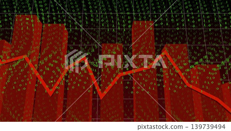 Displaying red 3D bars and red line tracing downward on digital dashboard with green binary overlay Displaying red 3D bars and red line tracing downward on digital dashboard with green binary overlay 139739494