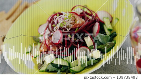 Showing yellow bowl with spiral beet ribbons, smoked salmon, feta on gray table, waveform Showing yellow bowl with spiral beet ribbons, smoked salmon, feta on gray table, waveform 139739498