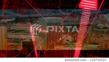Displaying red market chart overlaying midrise rooftops, showing bars, line graph, grid and arrow Displaying red market chart overlaying midrise rooftops, showing bars, line graph, grid and arrow 139739507