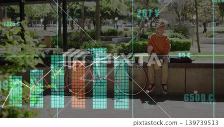Orange-hoodie man checking phone on concrete ledge in park, bike and bag, data-overlay, copy space Orange-hoodie man checking phone on concrete ledge in park, bike and bag, data-overlay, copy space 139739513