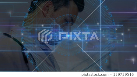 Analyzing male doctor in lab coat shirt-tie stethoscope reading holo UI at clinic, copy space Analyzing male doctor in lab coat shirt-tie stethoscope reading holo UI at clinic, copy space 139739516