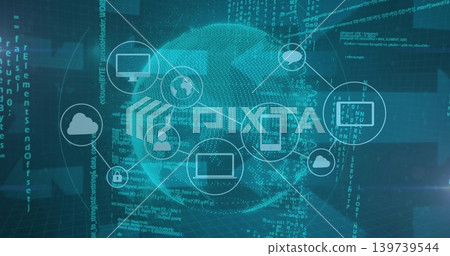 Displaying central dotted globe and connected node icons in 3D dashboard, showing code streams Displaying central dotted globe and connected node icons in 3D dashboard, showing code streams 139739544