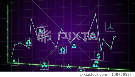 Showing jagged cyan-teal line rising and falling above green baseline on screen, showing teal icons Showing jagged cyan-teal line rising and falling above green baseline on screen, showing teal icons 139739585