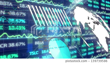 Displaying digital market dashboard on screen, showing line charts, stock tickers, pie chart, globe 139739586