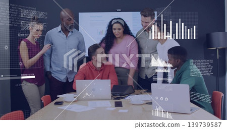 Discussing team members leaning around wooden table, displaying laptops and wall screen with charts Discussing team members leaning around wooden table, displaying laptops and wall screen with charts 139739587