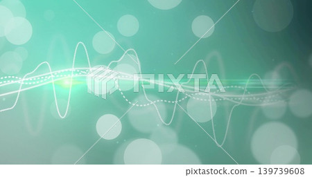 Displaying centered waveform flowing across digital backdrop, with glowing line, bokeh, lens flare Displaying centered waveform flowing across digital backdrop, with glowing line, bokeh, lens flare 139739608