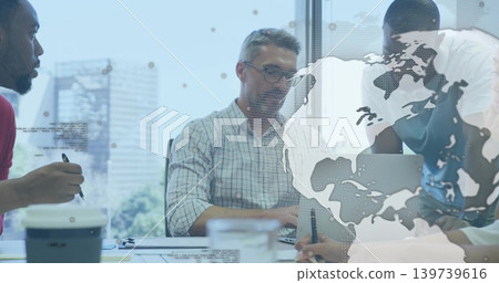 Typing man wearing glasses and checkered shirt working on laptop in glass room, world map overlay Typing man wearing glasses and checkered shirt working on laptop in glass room, world map overlay 139739616