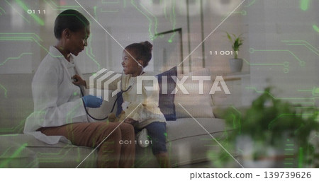 Child using stethoscope on woman in lab coat and blue gloves on sofa, holding stuffed toy 139739626