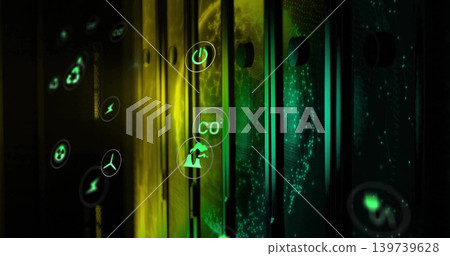 Glowing vertical rack panels displaying floating energy icons in data center, with green particles Glowing vertical rack panels displaying floating energy icons in data center, with green particles 139739628