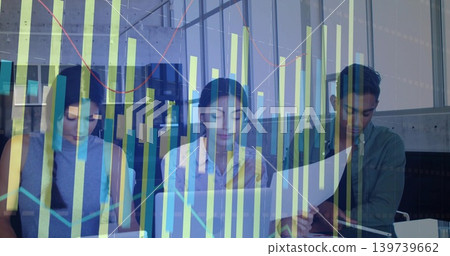 Reviewing team in collared shirts, checking laptops and printouts in modern office, chart overlay Reviewing team in collared shirts, checking laptops and printouts in modern office, chart overlay 139739662